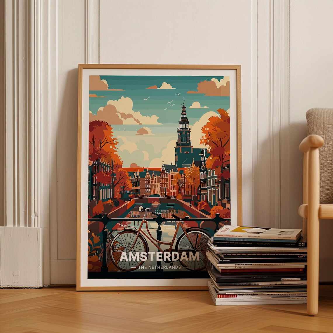 Amsterdam Netherlands Canal Bicycle Autumn Cityscape Travel Poster