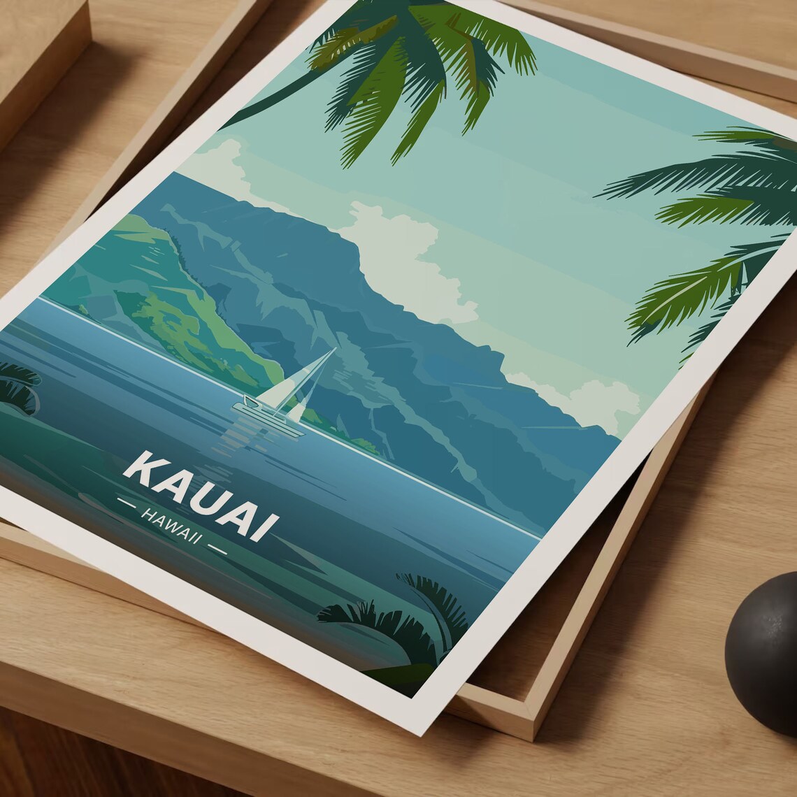 Kauai Hawaii Tropical Island Sailboat Mountain Travel Poster - Image 3