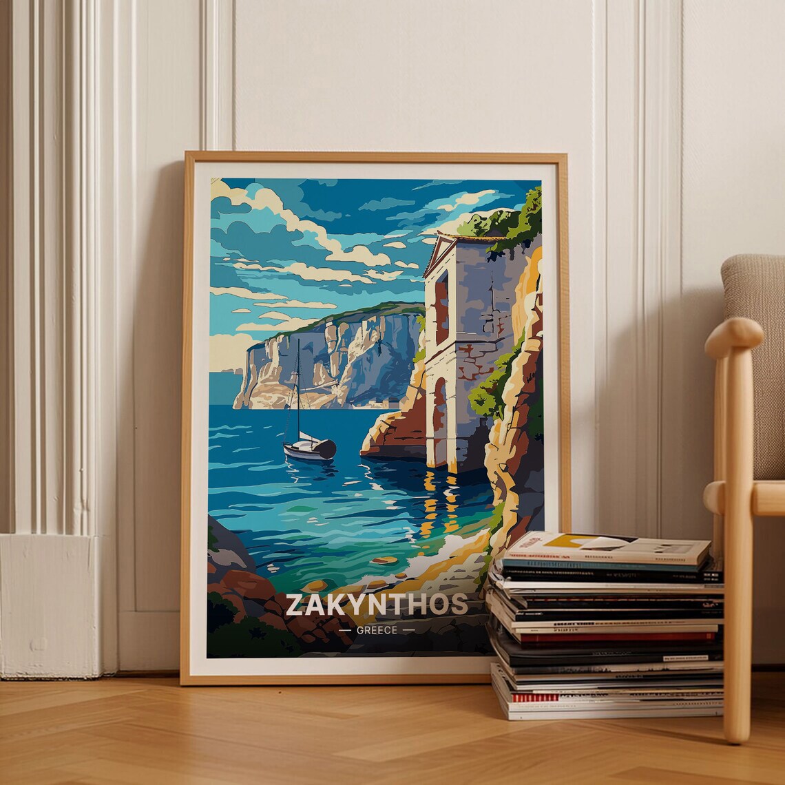 Zakynthos Greece Ionian Sea Cliffs Sailboat Cove Coastal Travel Poster