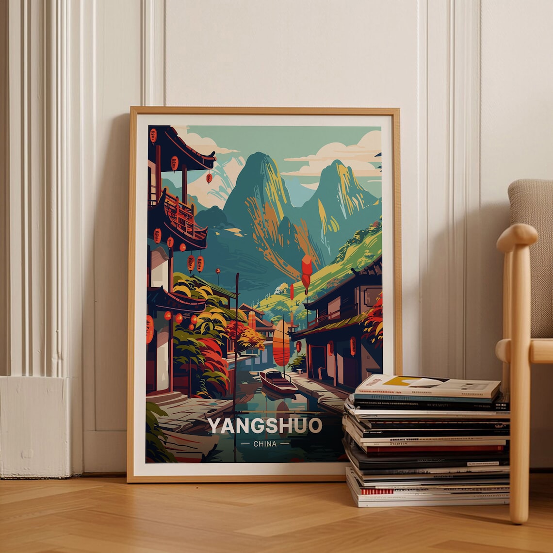 Yangshuo China Karst Mountains Canal Lanterns Vintage Travel Poster