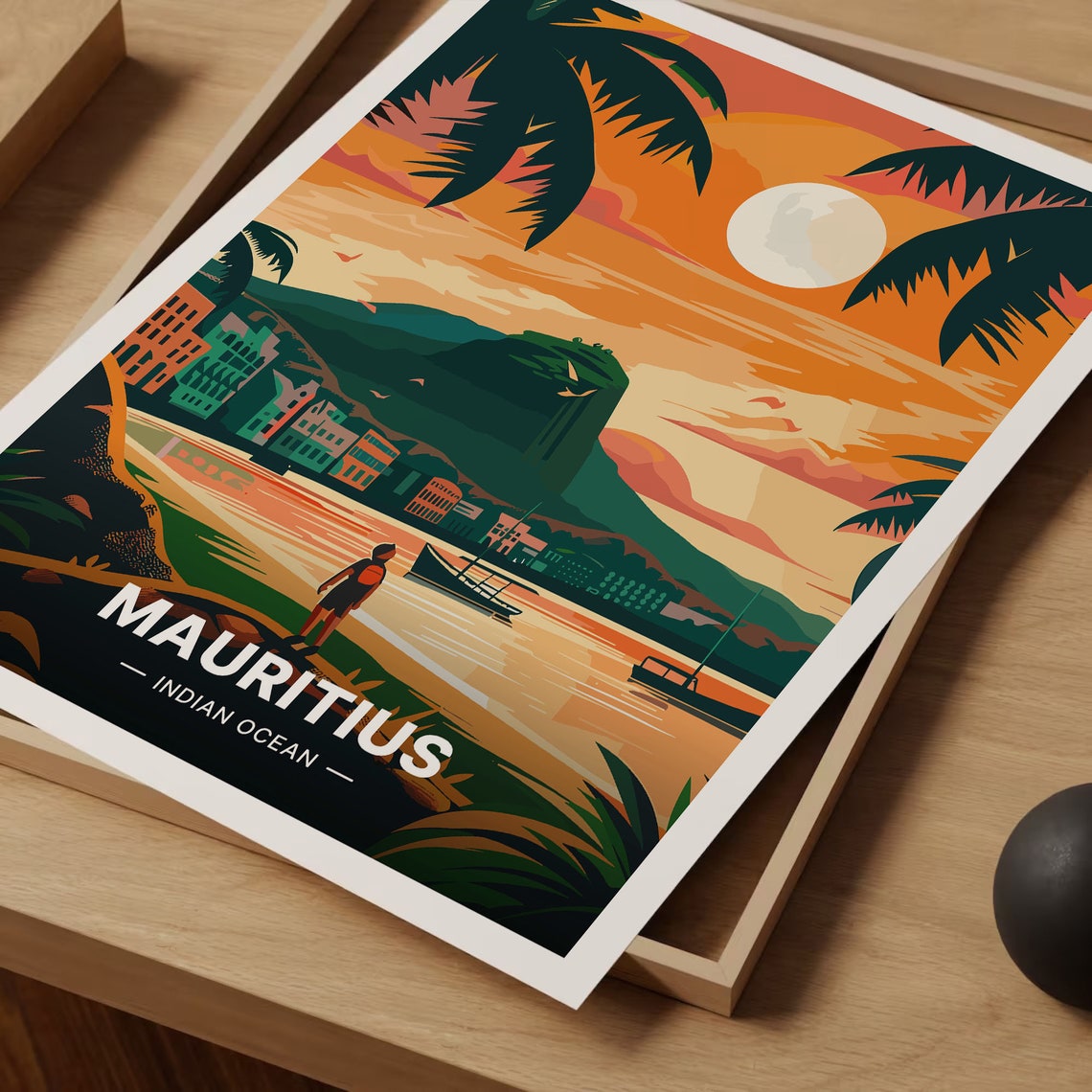 Mauritius Indian Ocean Vintage Travel Poster Sunset Beach Palm Art - Image 3