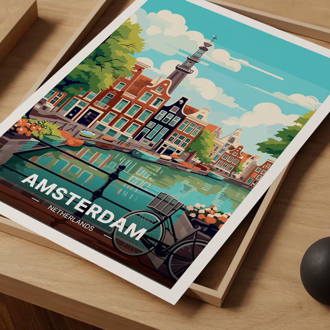 Amsterdam Travel Poster, Netherlands Cityscape Art - Image 3
