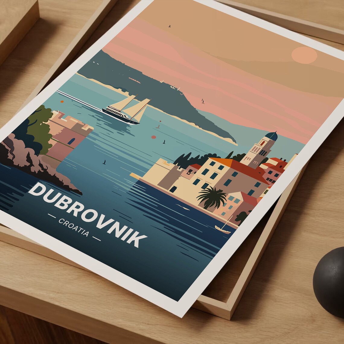 Dubrovnik Croatia Poster Old Town Walls Sunset Sailboat Romantic Art - Image 3