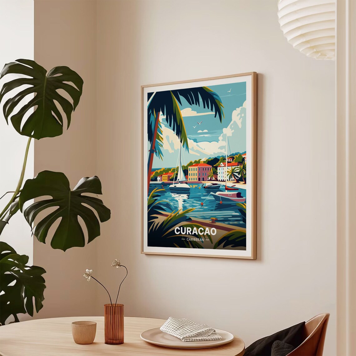 Curacao Caribbean Harbor Sailboats Vintage Island Travel Poster - Image 2