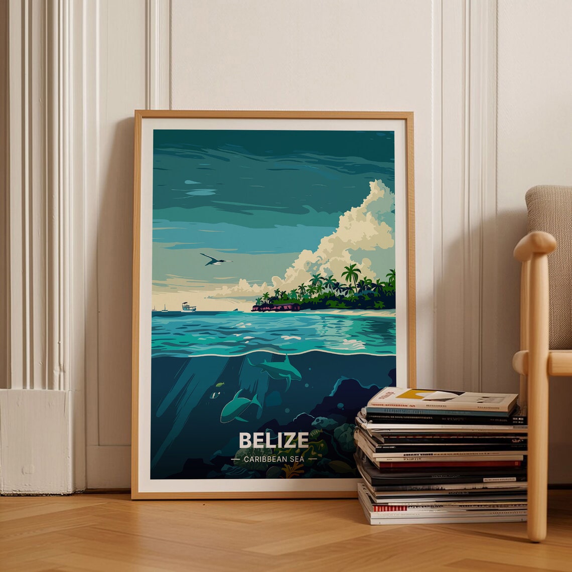 Belize Caribbean Sea Island Snorkel Sharks Split View Travel Poster