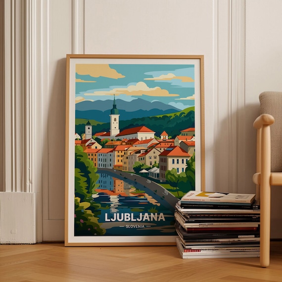 Ljubljana Slovenia Riverside Old Town Mountain Travel Poster