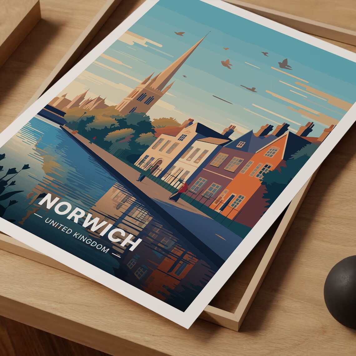 Norwich UK Cathedral Spire River Riverside Houses Travel Poster - Image 3