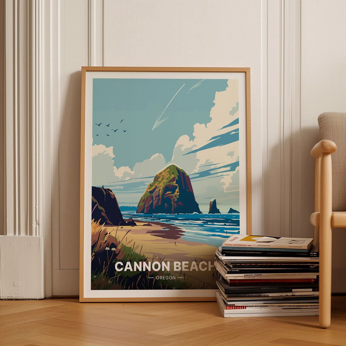 Cannon Beach Oregon Haystack Rock Sandy Shore Vintage Travel Poster