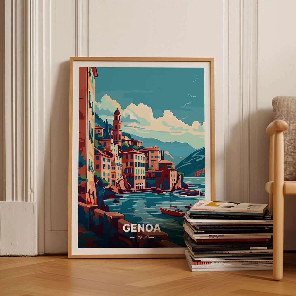 Genoa Italy Coastal Town Harbor Vintage Style Travel Poster Art