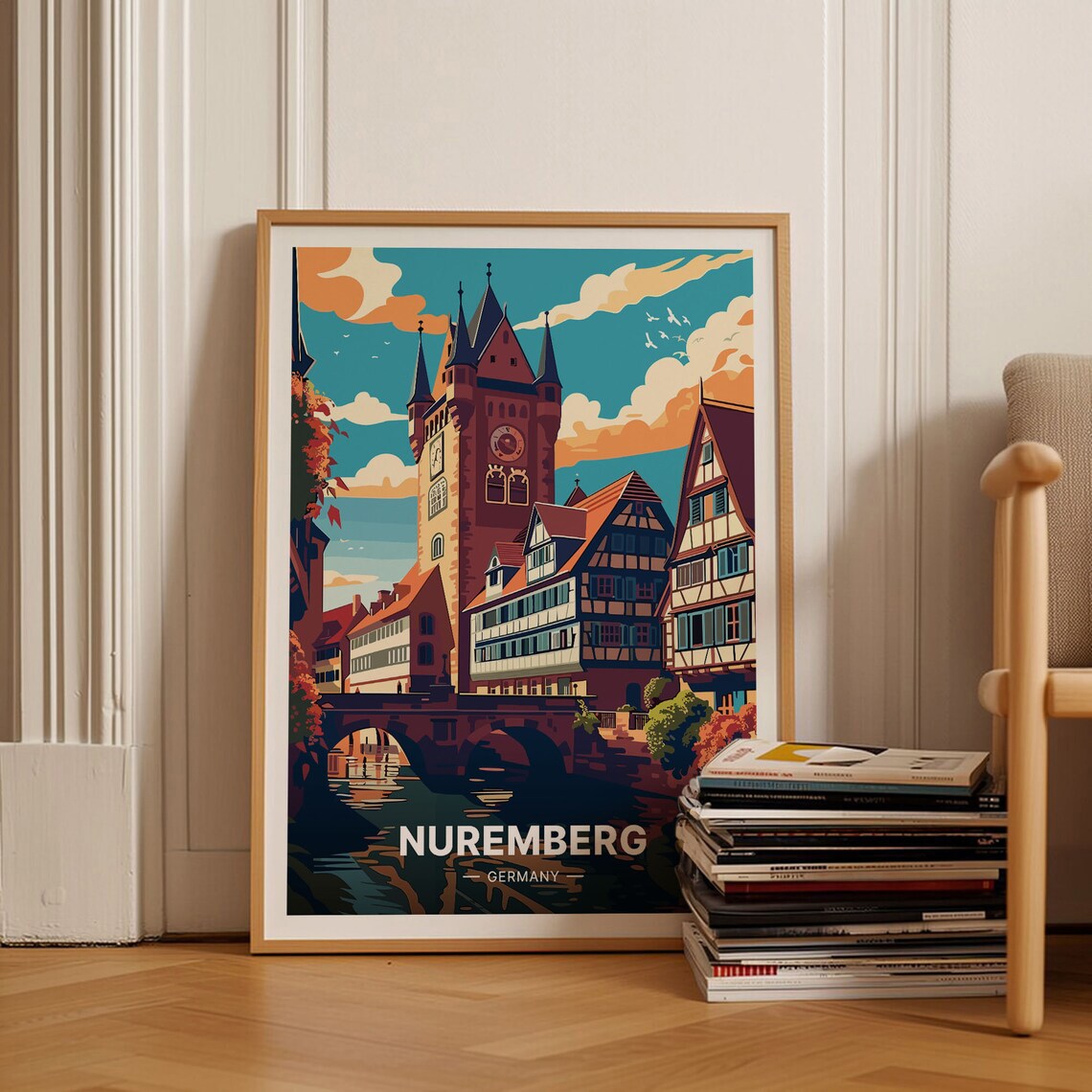 Nuremberg Germany Medieval Tower Half Timbered River Bridge Travel Poster