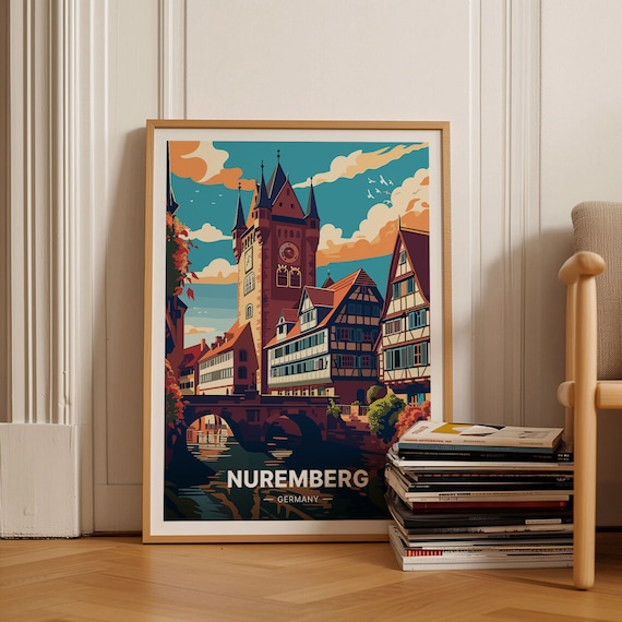 Nuremberg Germany Medieval Tower Half Timbered River Bridge Travel Poster
