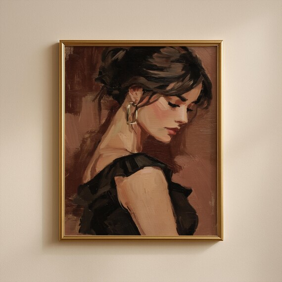 Elegant Woman Black Dress Vintage Oil Portrait Feminine Art Poster