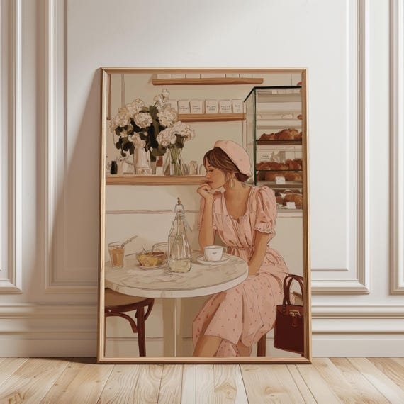 Vintage Parisian Woman Art Feminine Portrait French Girl Romantic Retro Illustration
