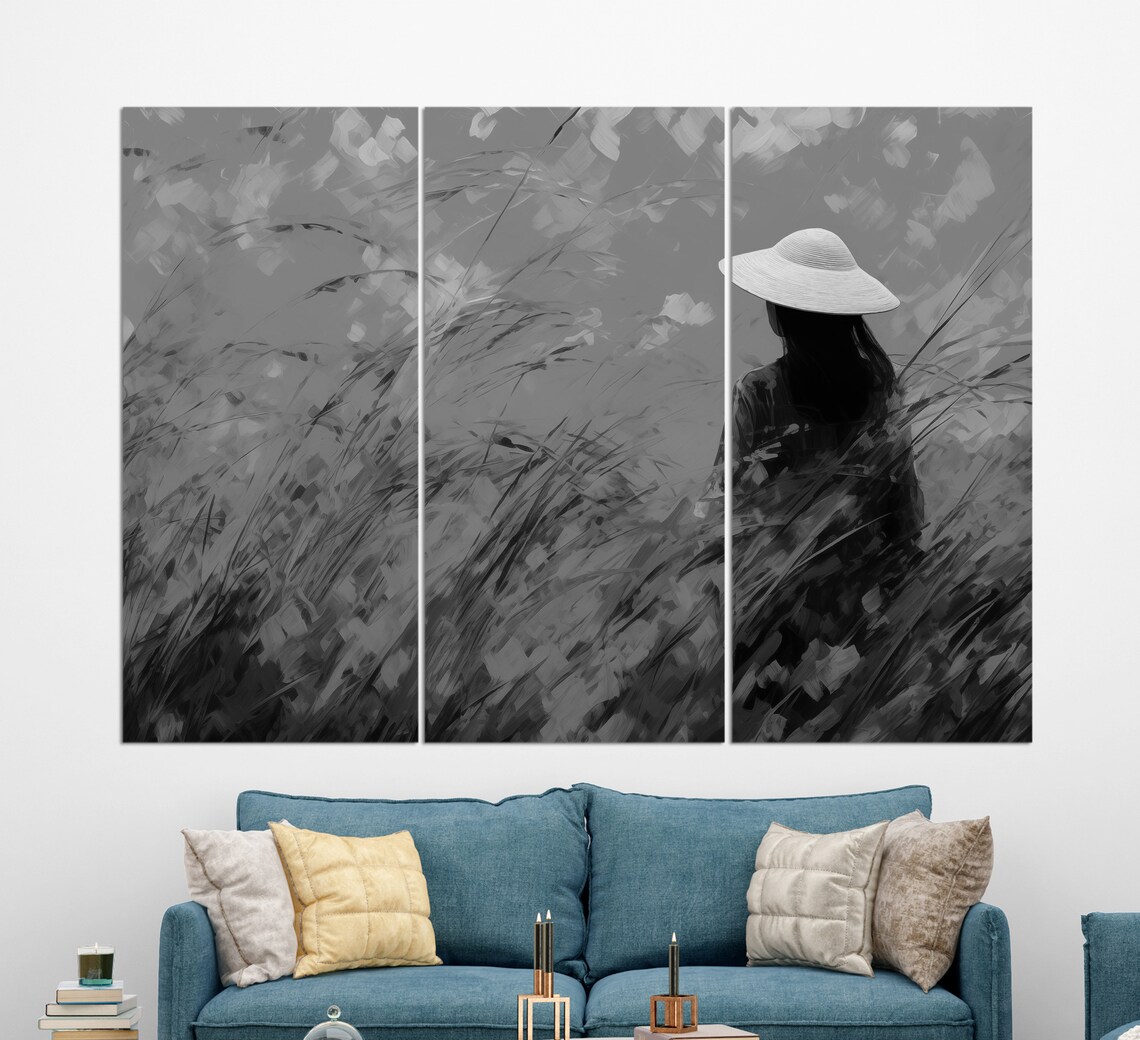 Woman In Golden Wheat Field Walking Away Warm Impressionist Art Print - Image 3