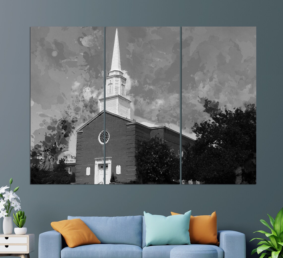 First Presbyterian Church Arlington Brick Steeple Blue Sky Painting Poster - Image 2