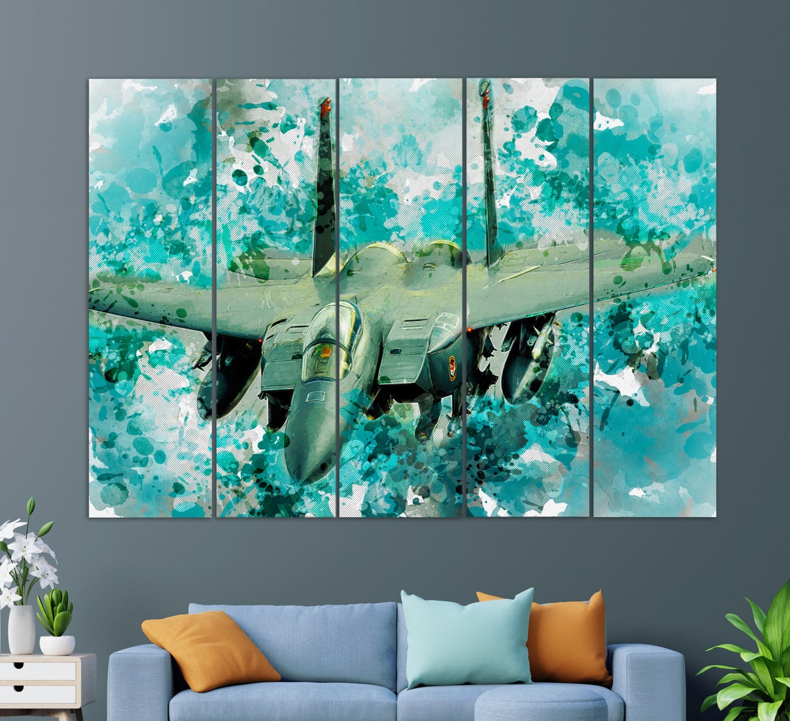 F-15 Eagle Fighter Jet Teal Watercolor Splash Aviation Poster - Image 3