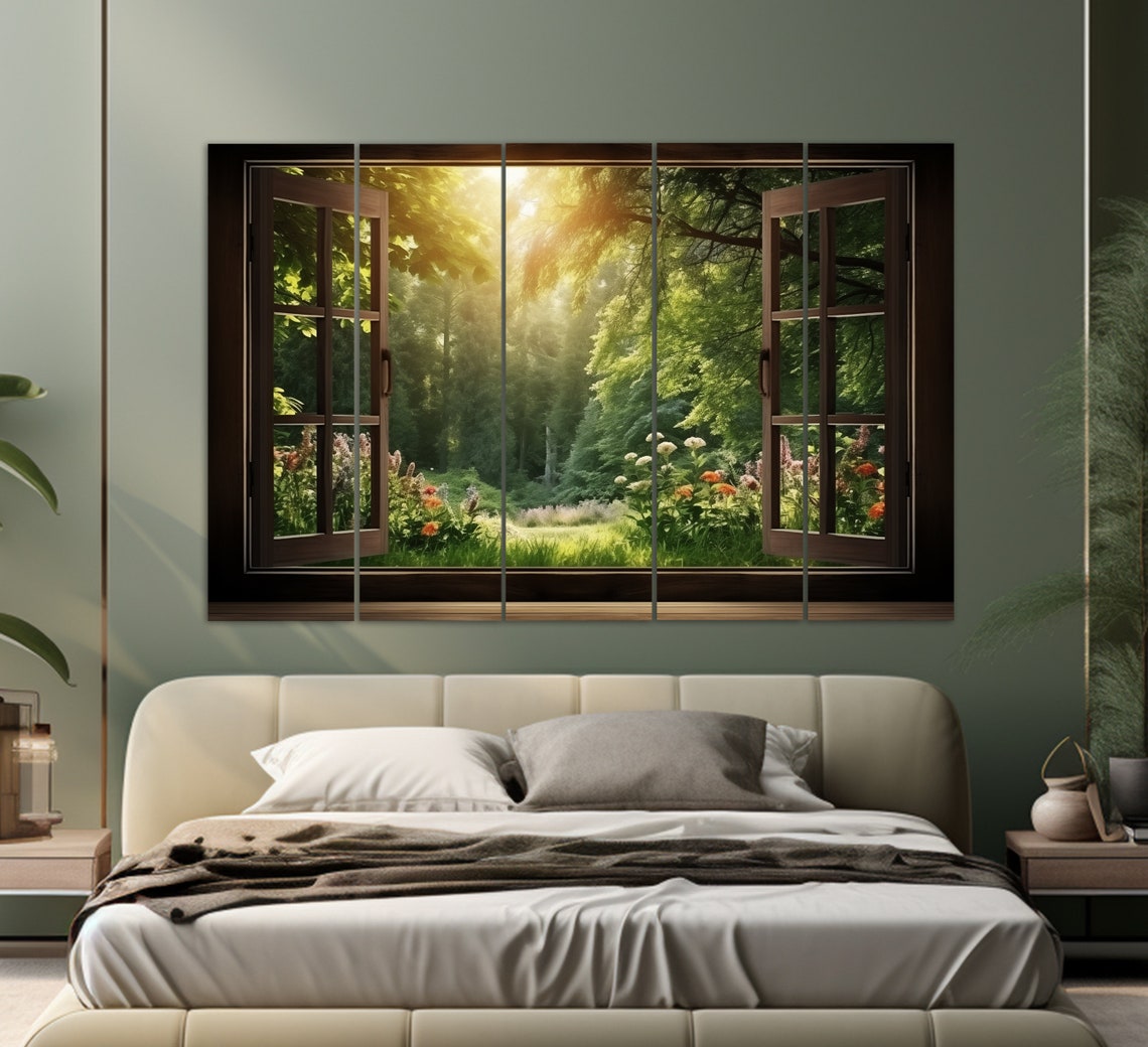 Open Window Forest Glade Sunlit Wildflowers Illusion Wall Art Print - Image 2