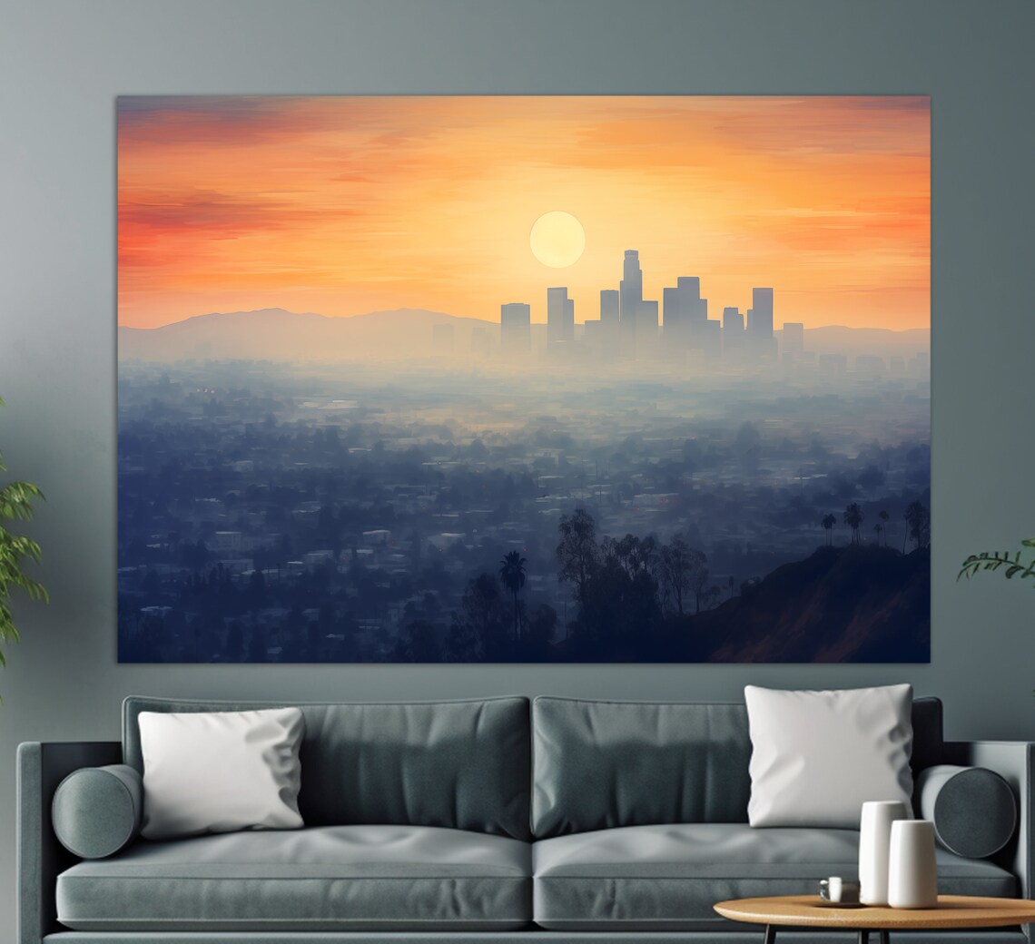 Los Angeles Skyline Misty Golden Sunset City Silhouette Travel Poster