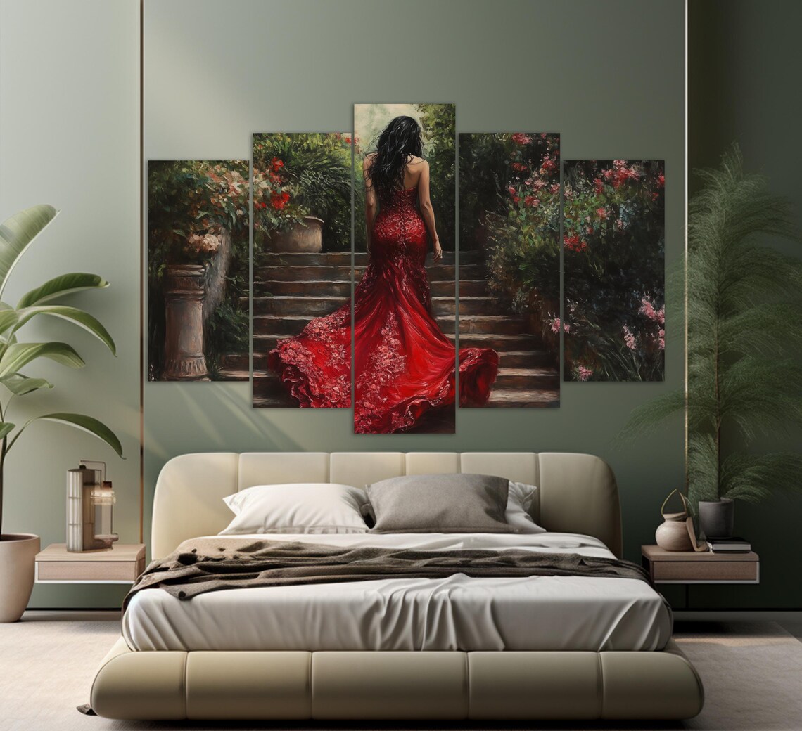 Lady In Red Dress In Garden, Portrait Art Print - Image 3