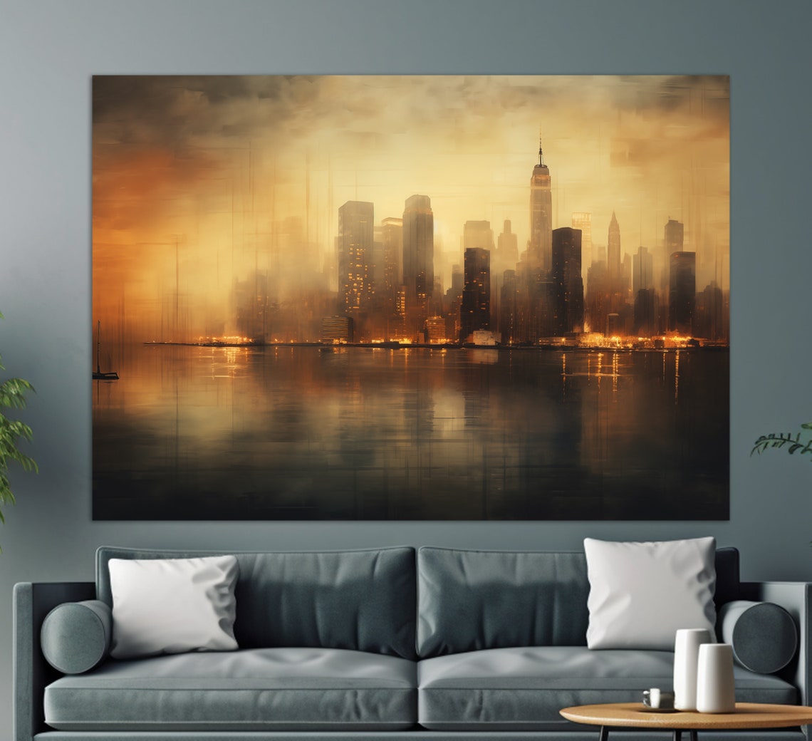 New York City Hazy Golden Skyline Evening Reflection Travel Poster