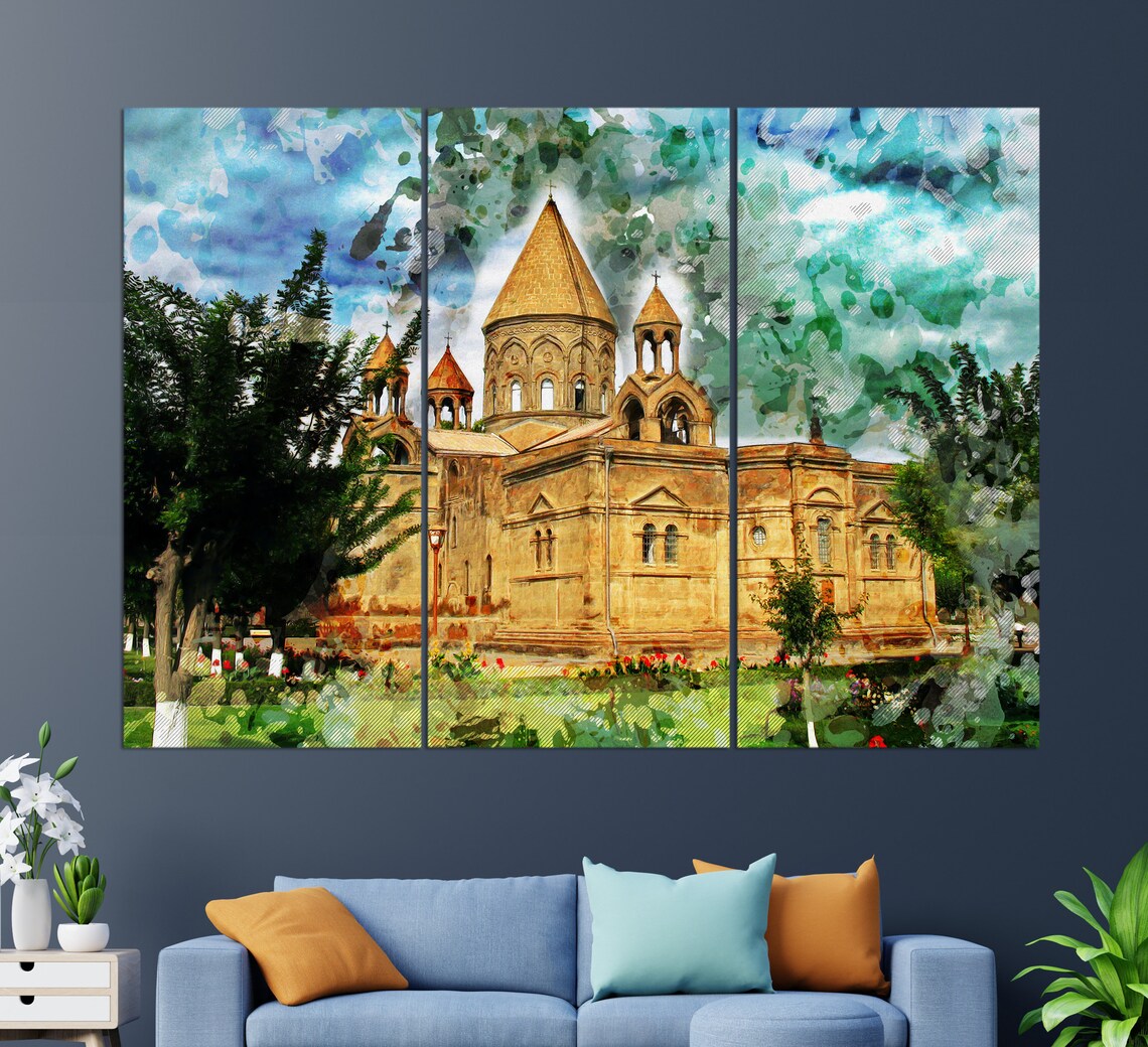Etchmiadzin Cathedral Armenia Stone Domes Garden Watercolor Poster - Image 3