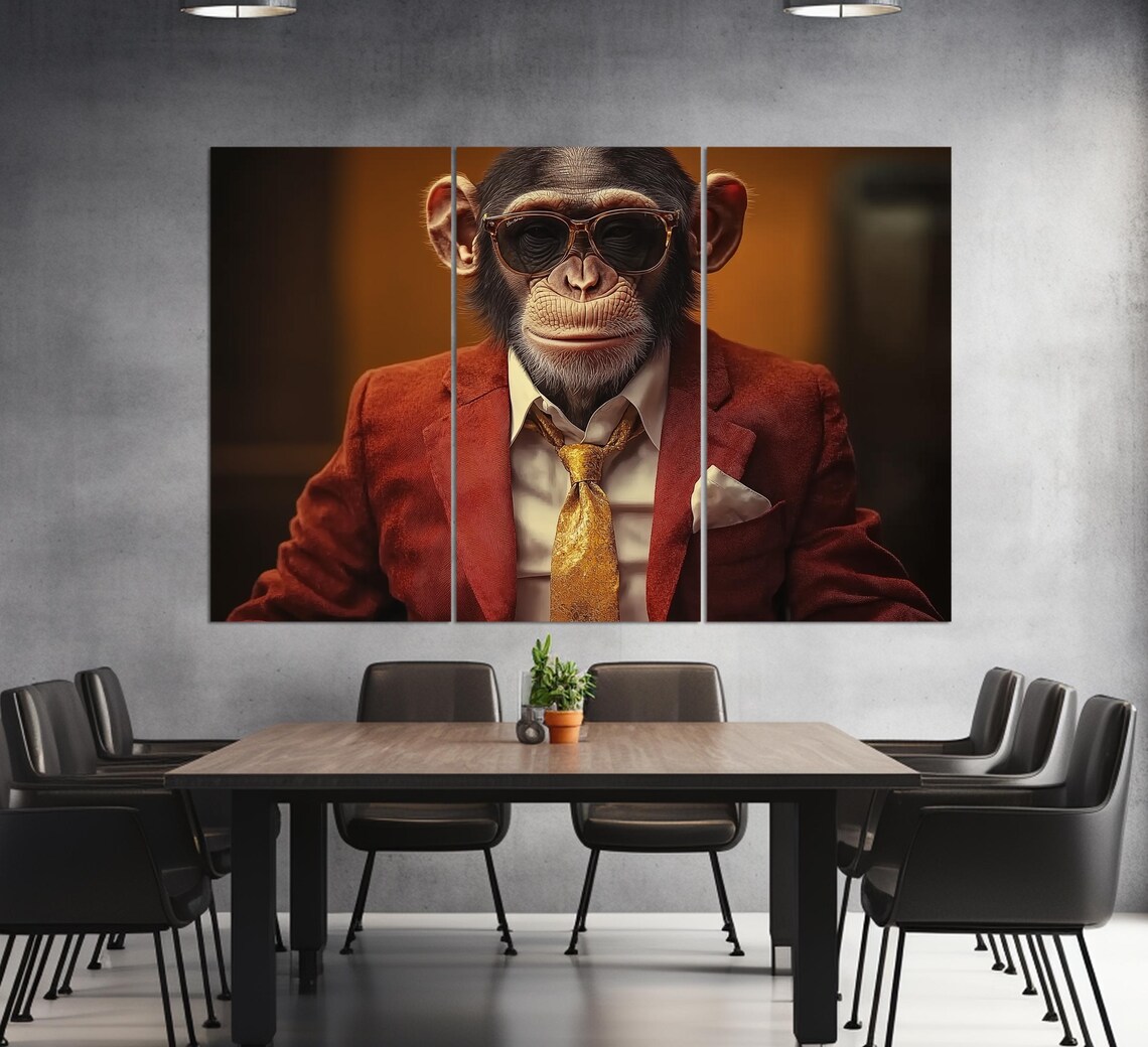 Elegant Chimpanzee In Red Suit Sunglasses Gold Tie Animal Portrait Poster - Image 3