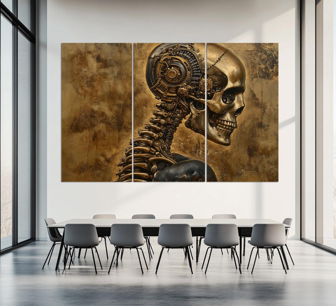 Steampunk Skull With Gear Spine Bronze Gothic Anatomy Office Wall Art - Image 3
