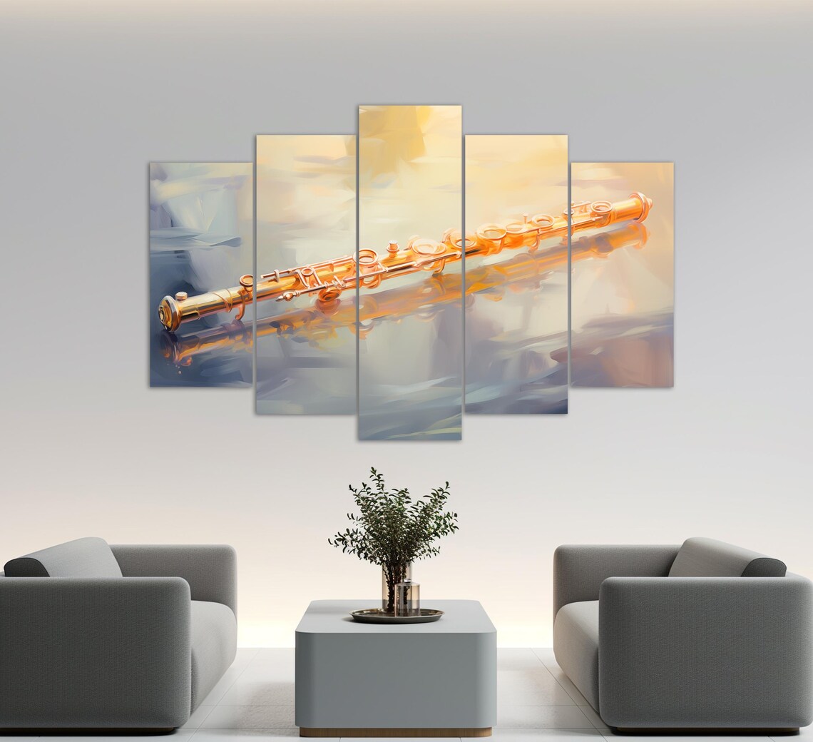 Golden Flute Reflection Soft Abstract Watercolor Music Instrument Art Print - Image 3