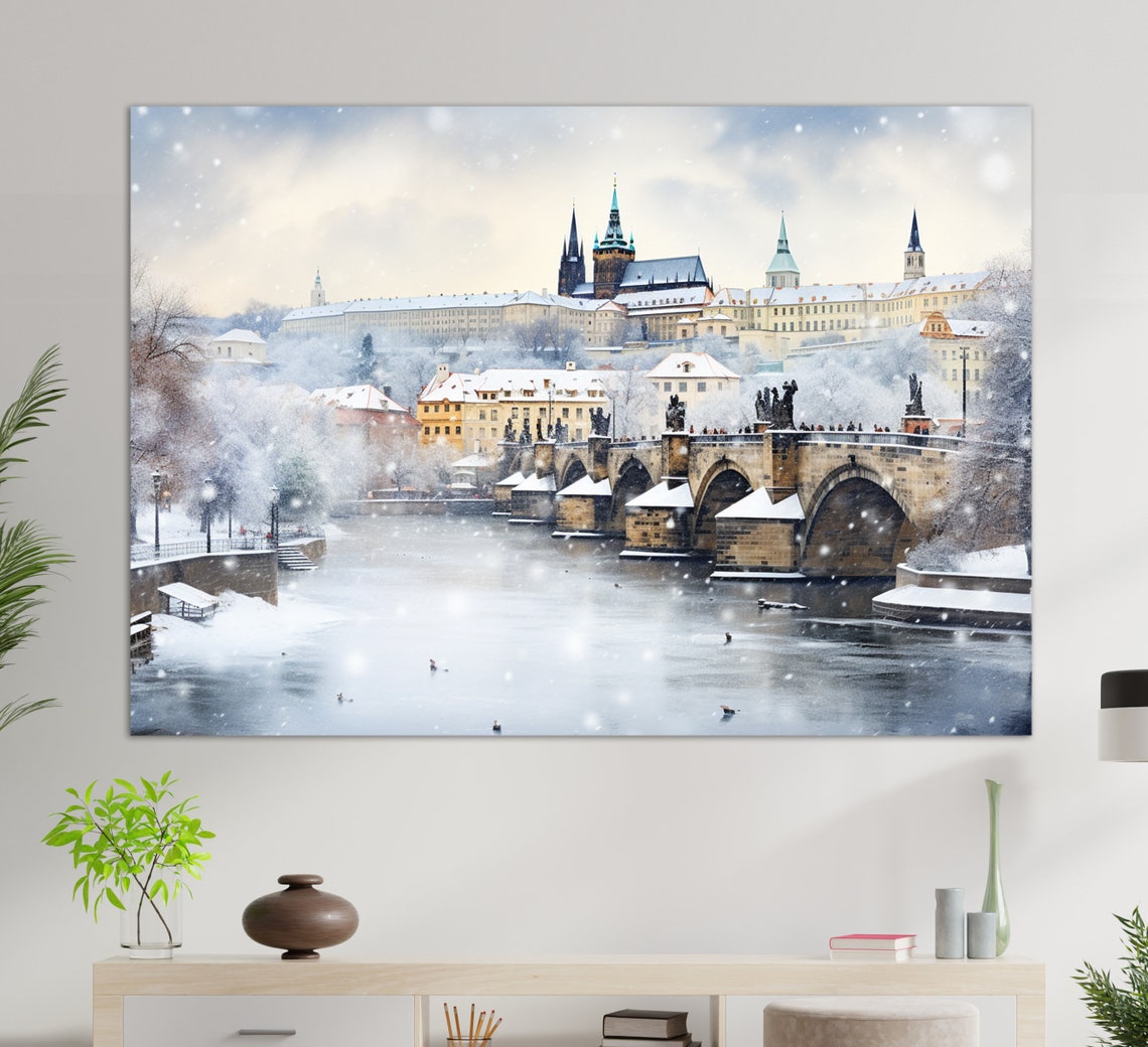 Winter Prague Charles Bridge Snow Falling Misty Old Town Travel Poster