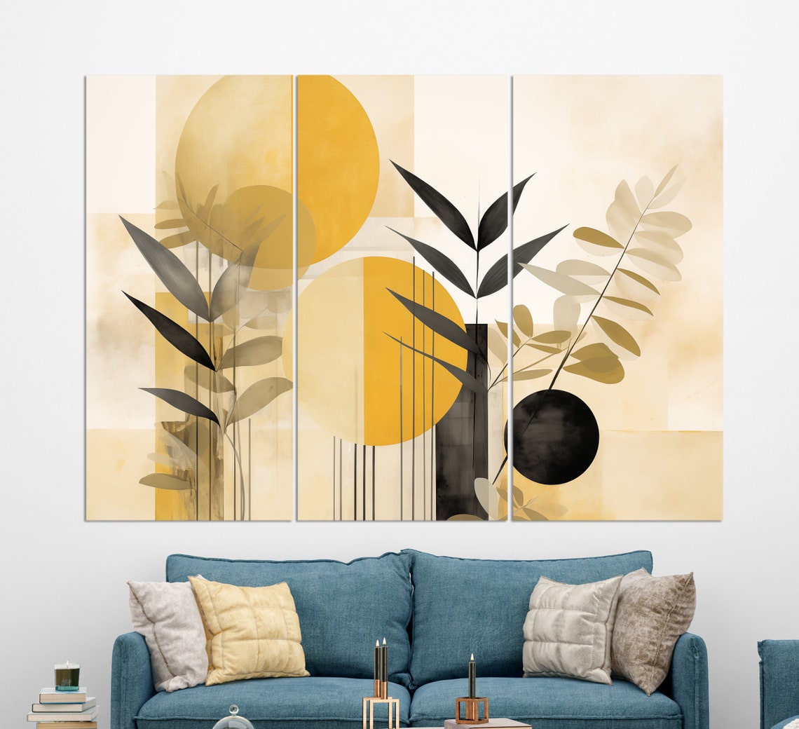 Abstract Golden Circles With Black Leaves Japandi Style Wall Art - Image 2