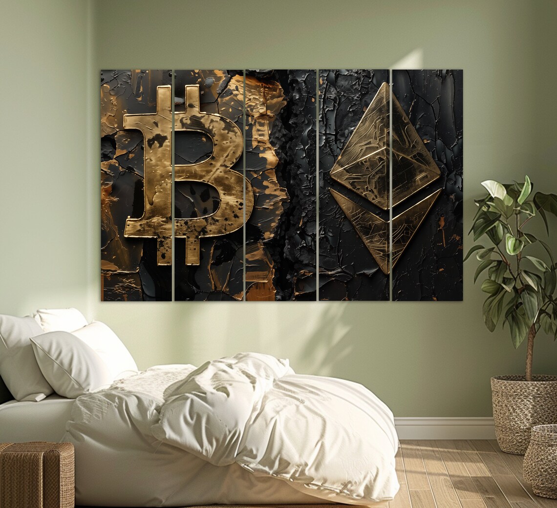 Bitcoin Ethereum Gold Crypto Symbols On Black Textured Wall Art - Image 2