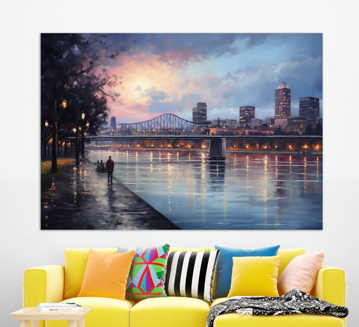 Portland Oregon River Bridge Skyline At Dusk Painting Travel Poster