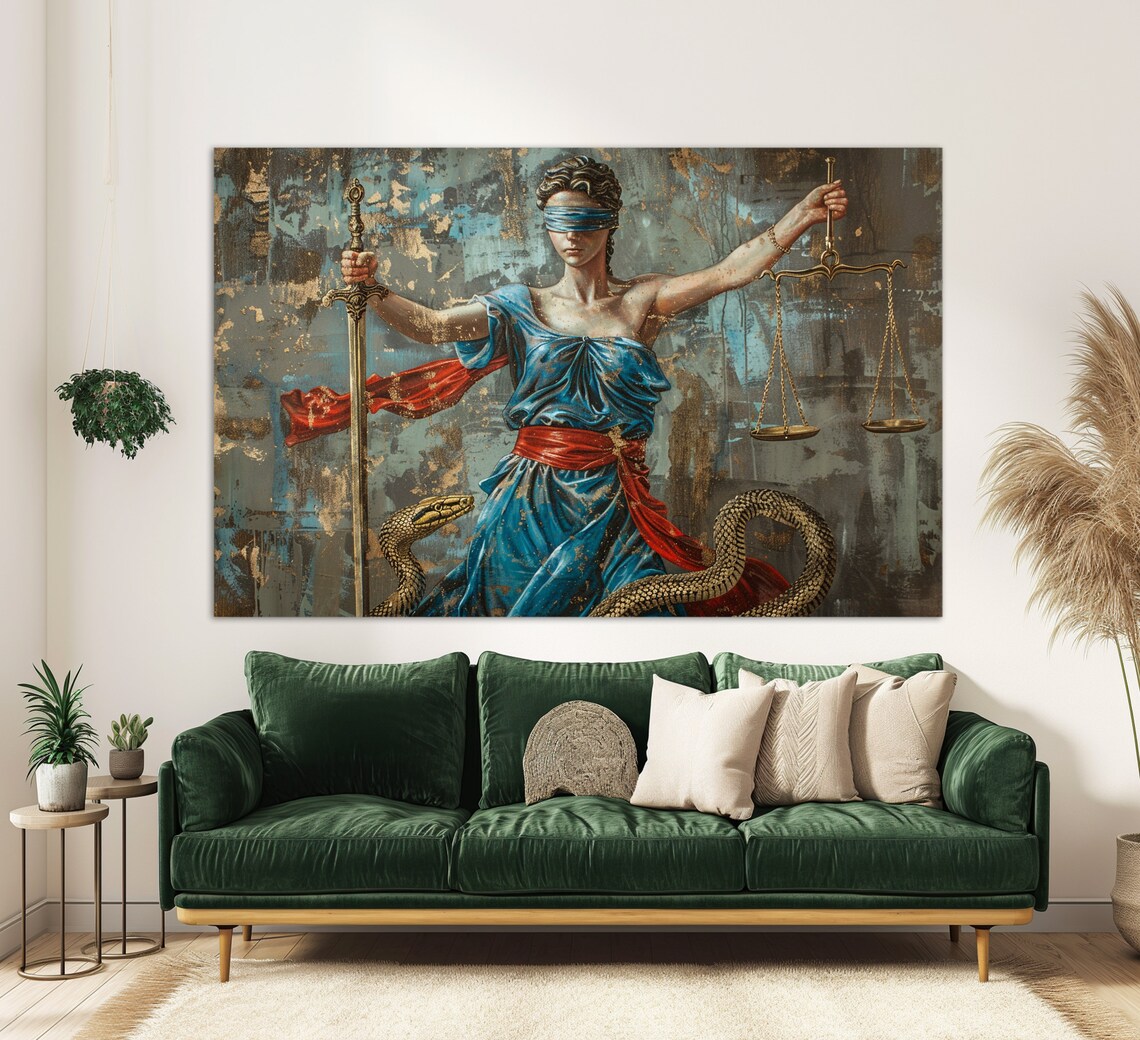 Lady Justice Painting Blindfolded Sword Scales Lawyer Office Wall Art Print