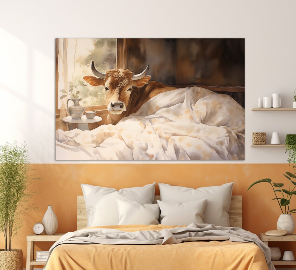 Brown Cow Tucked Under Cozy White Blanket Funny Farmhouse Art Poster