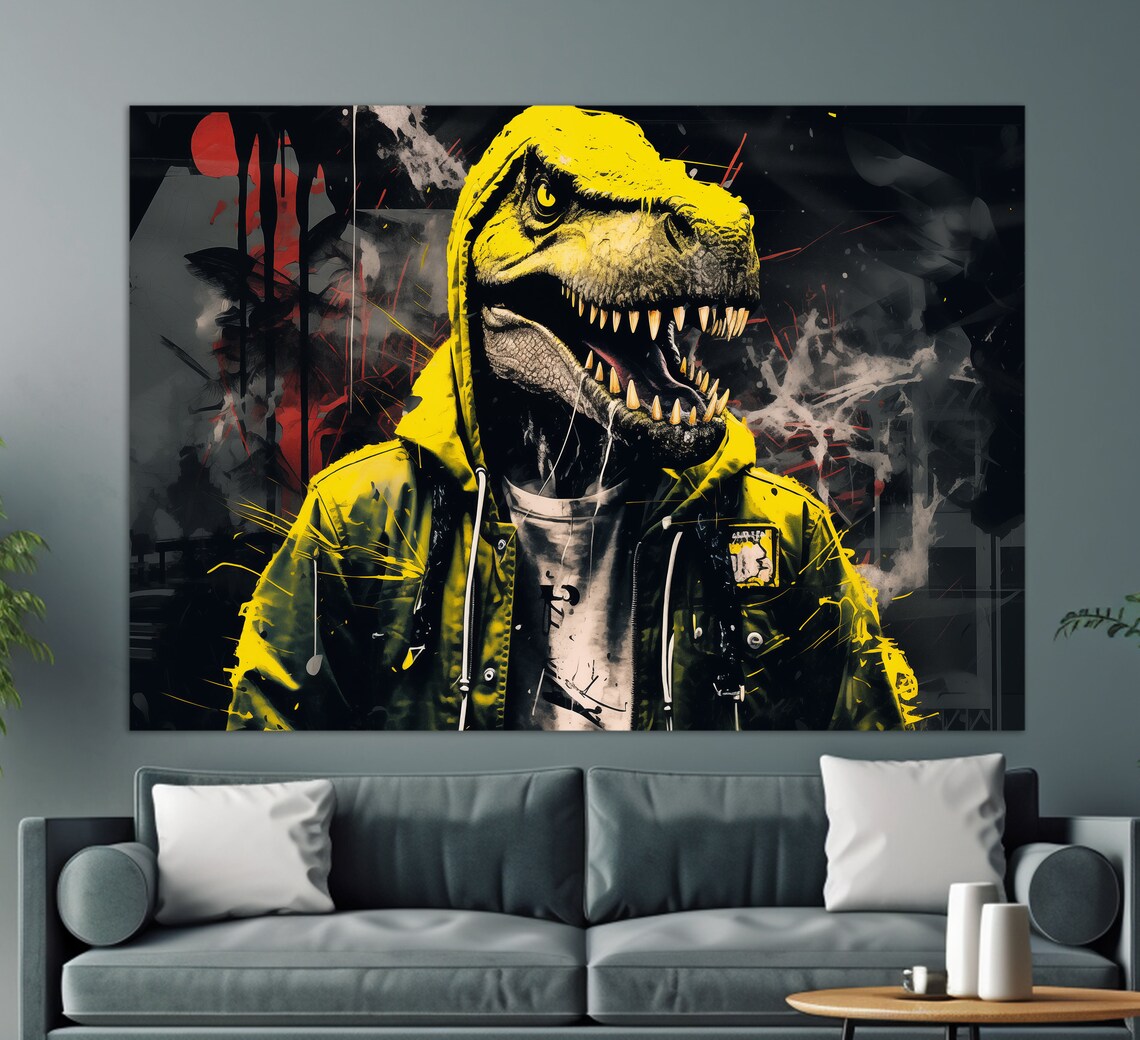 Dinosaur T Rex Yellow Hoodie Street Art Graffiti Cool Urban Poster - Image 4