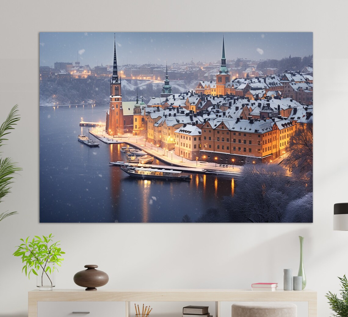 Winter Stockholm Gamla Stan Snow Roofs Blue Hour Harbor Travel Poster