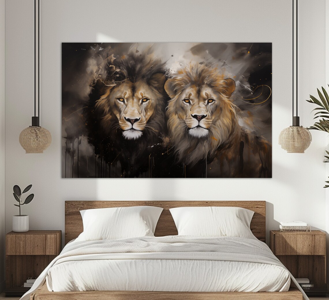 Two Male Lions Black Gold Abstract Portrait Majestic Wildlife Wall Art