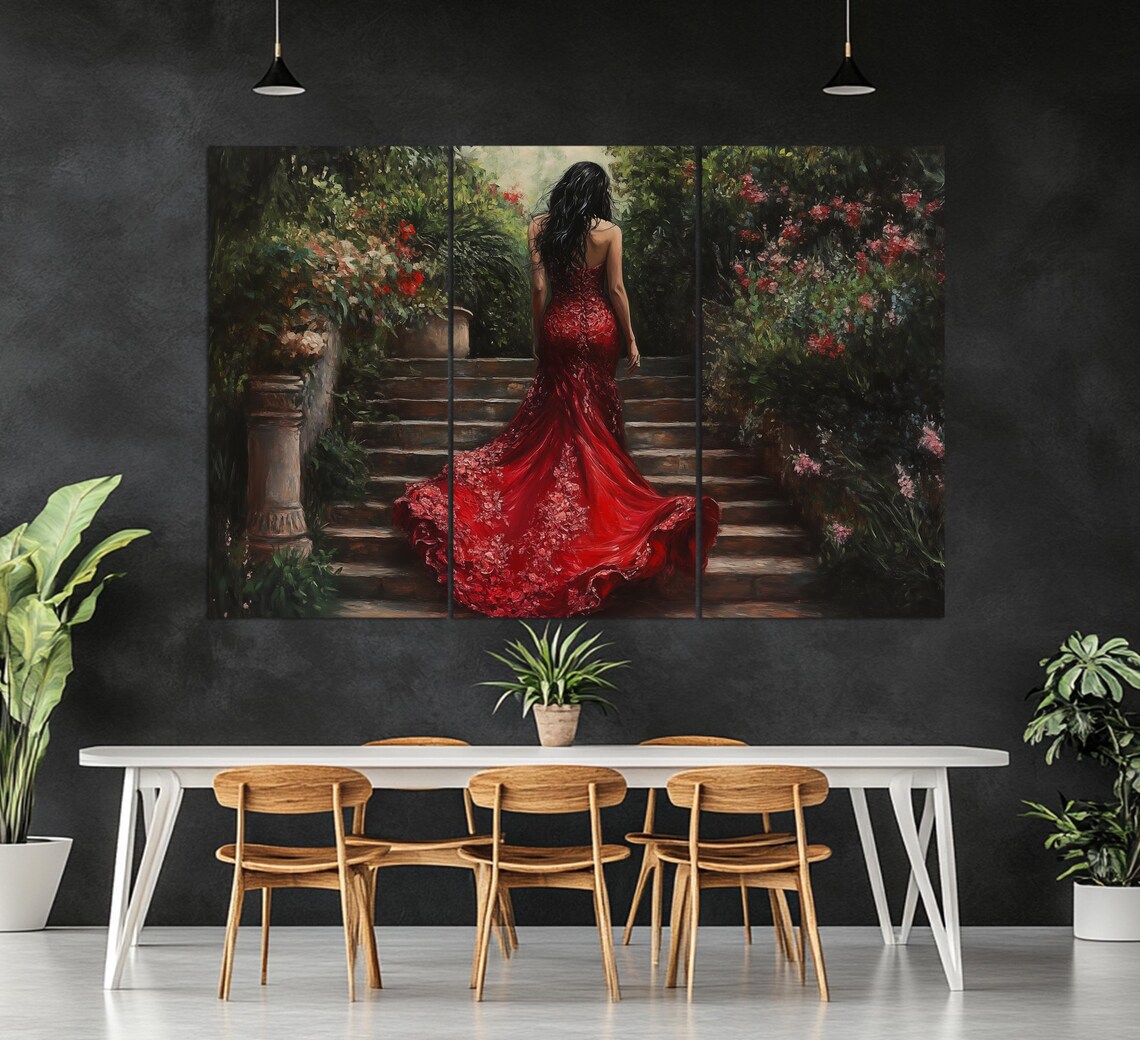 Lady In Red Dress In Garden, Portrait Art Print - Image 4