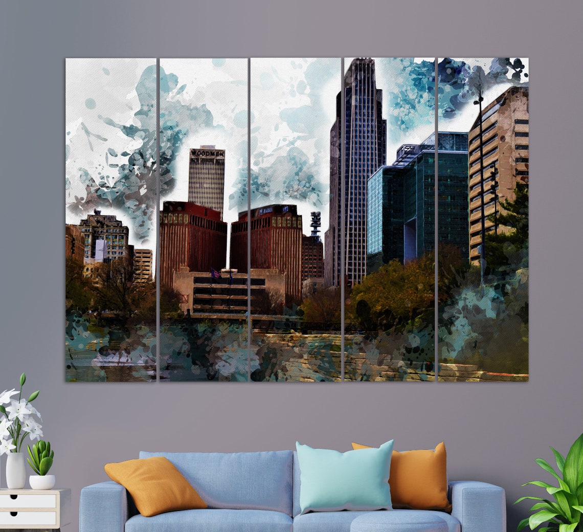 Omaha Nebraska Downtown Skyline Painted Style Five Panel City Poster