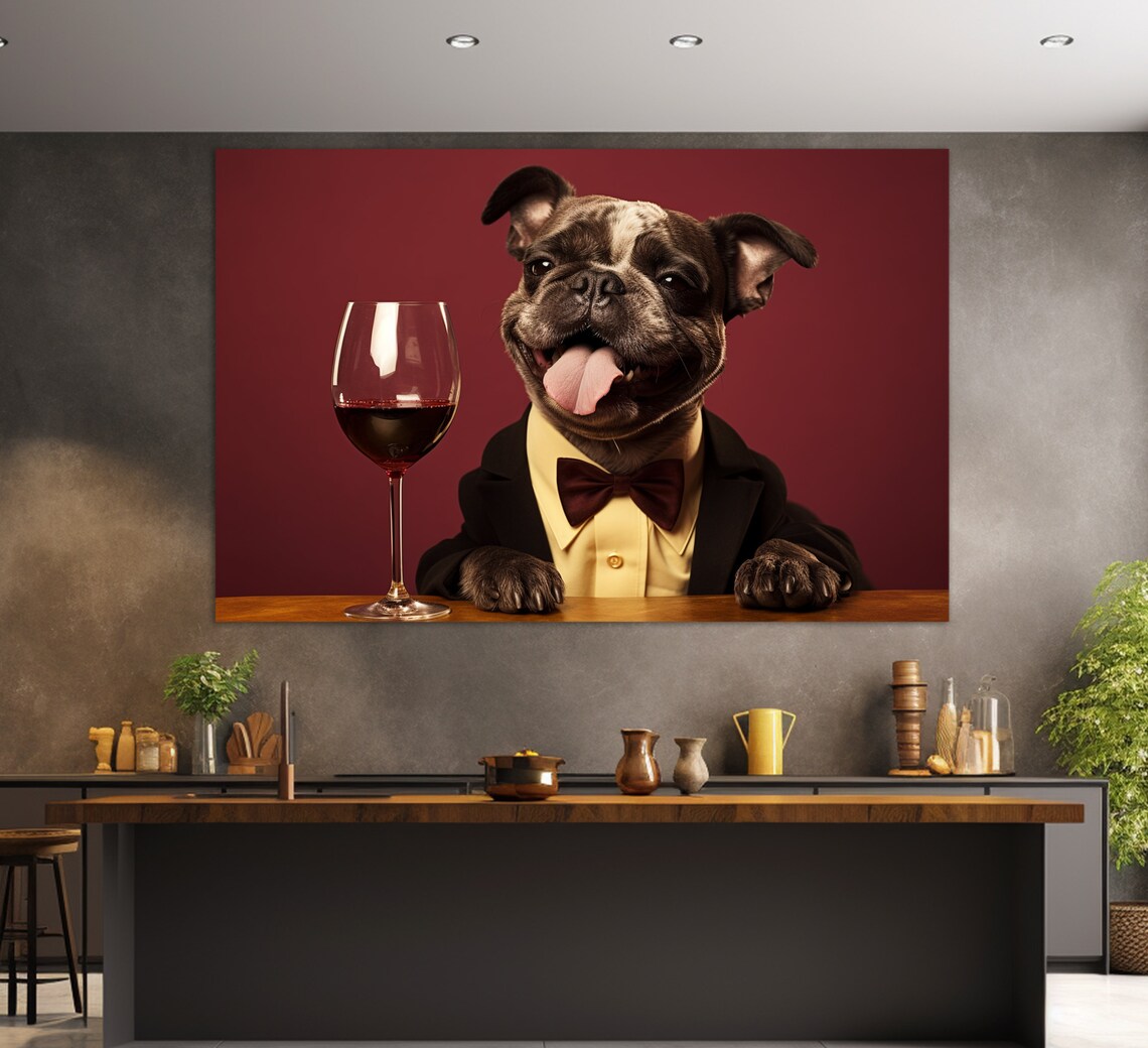 Happy Dog Wearing Suit With Glass of Red Wine Funny Animal Print