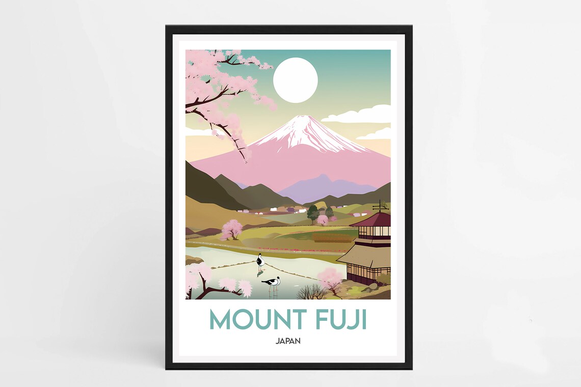 Mount Fuji Japan Cherry Blossoms Pagoda Lake Scenic Travel Poster