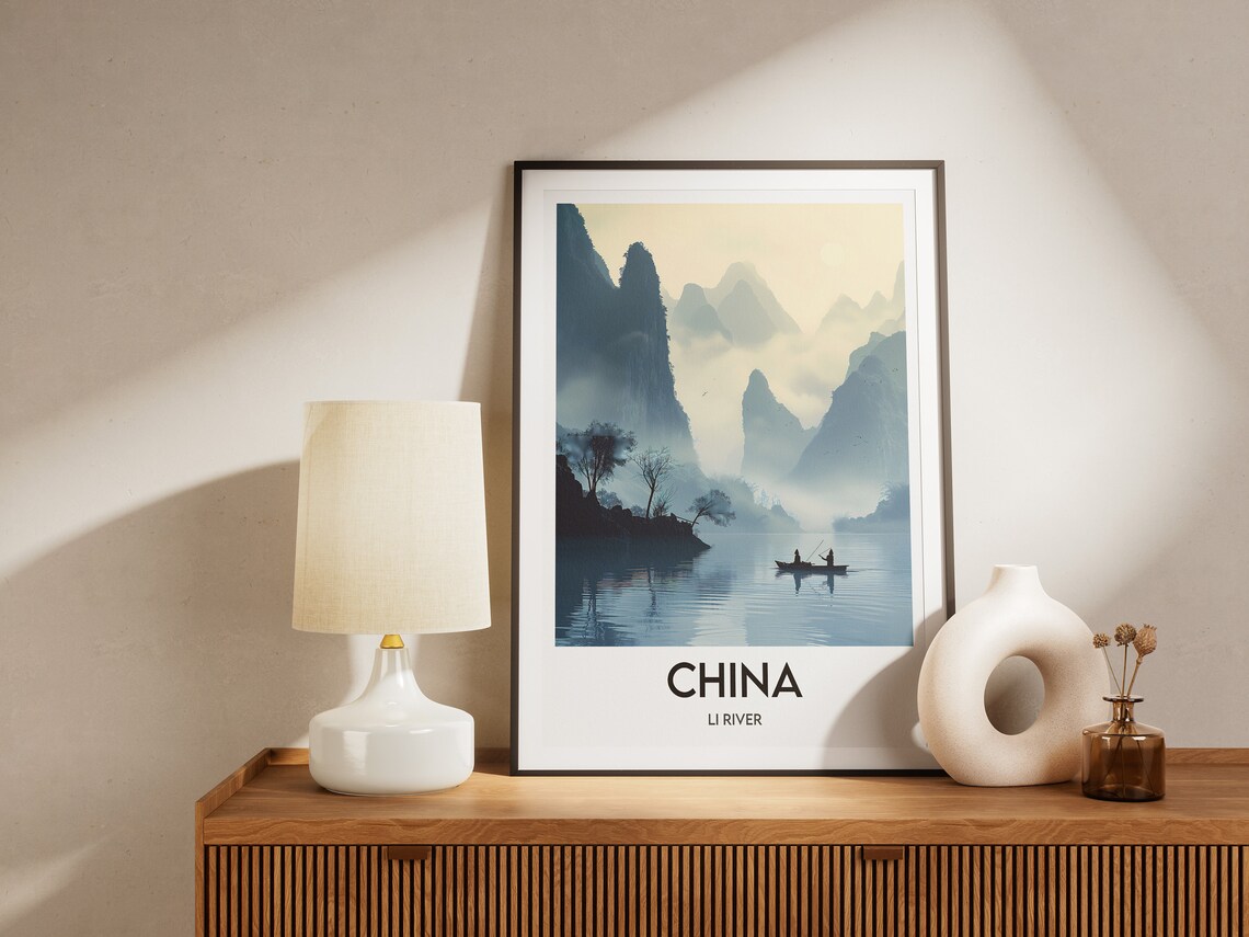 China Li River Misty Karst Mountains Fisherman Illustration Poster - Image 2
