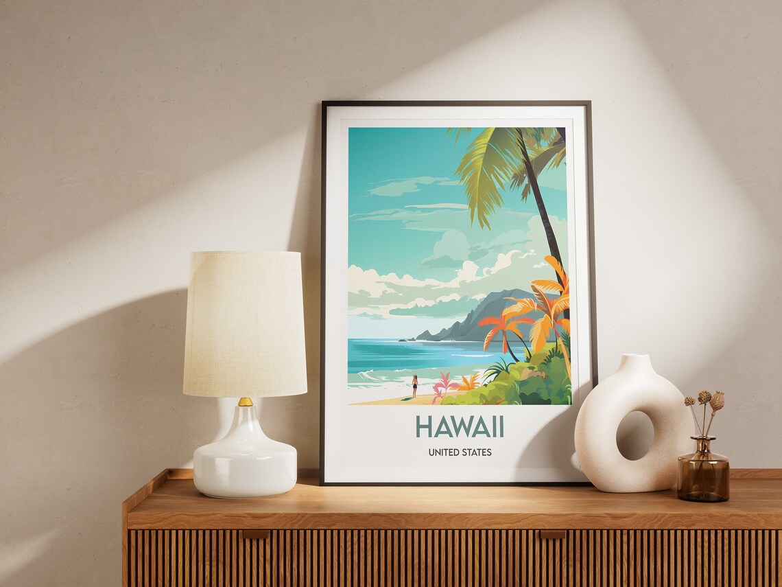 Hawaii United States Tropical Beach Palm Trees Surf Travel Poster - Image 2