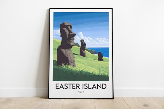 Easter Island Chile Travel Poster Moai Statues Green Hills Island Decor Art