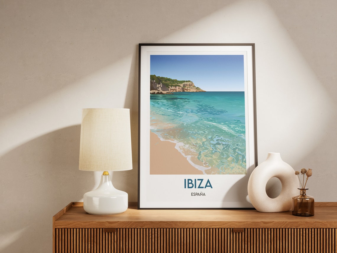 Ibiza Turquoise Cove Sandy Beach Cliffs Balearic Spain Travel Poster - Image 2
