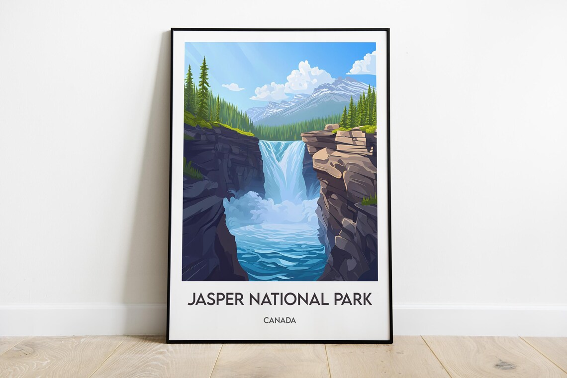 Jasper National Park Canada Poster Waterfall Rocky Canyon Travel Wall Decor