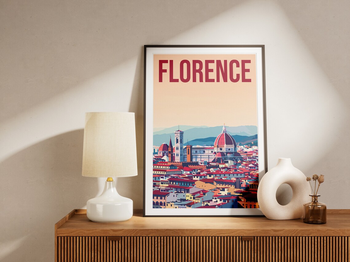 Florence Italy Duomo Red Dome Skyline Retro Style Art Poster - Image 2