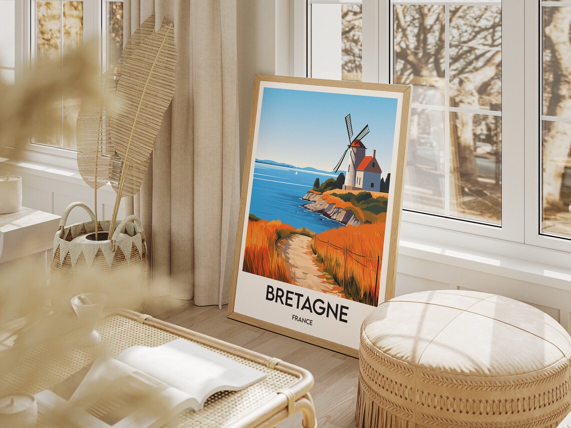 Bretagne France Coastal Windmill Golden Grass Path Travel Poster - Image 2