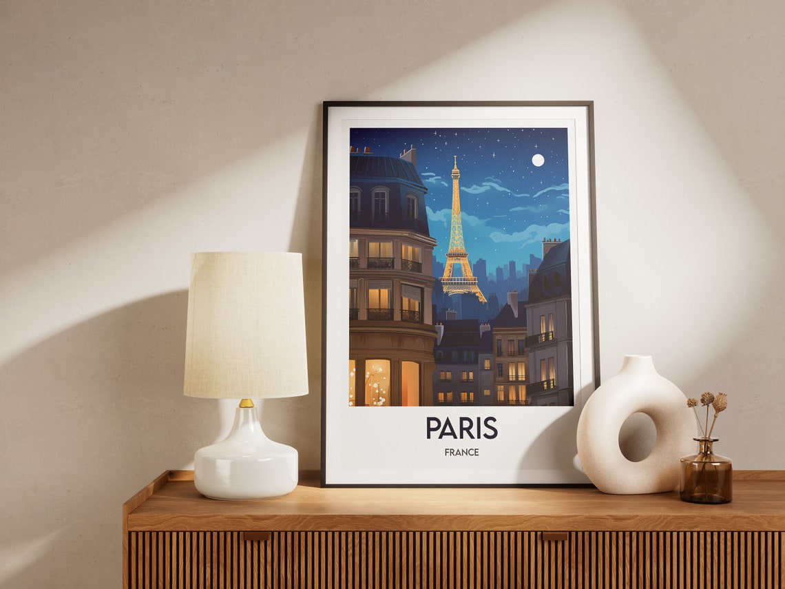 Paris France Eiffel Tower Night Rooftops Moonlight Travel Poster - Image 2