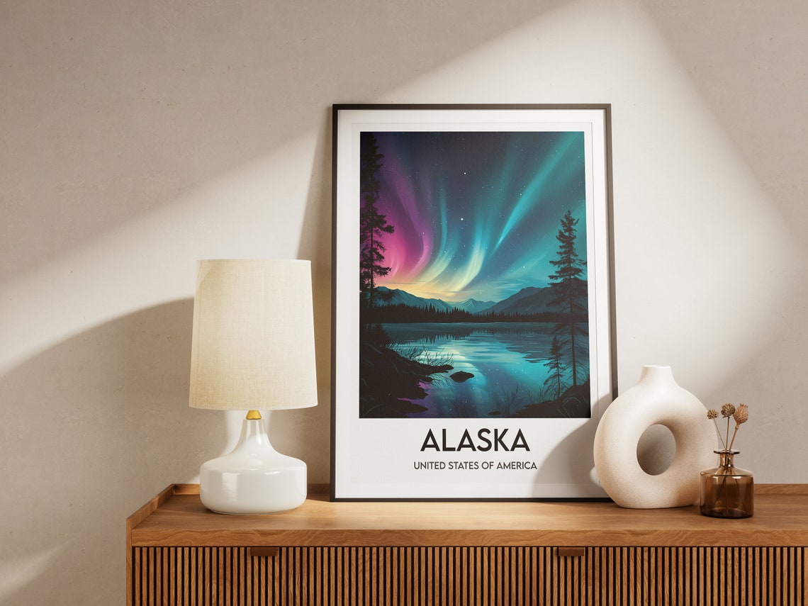 Alaska Aurora Borealis Starry Night Lake Reflection Travel Poster - Image 2